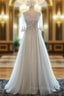 Gray Tulle Lace Half Sleeve Bridesmaid Dresses
