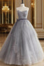 Gray Tulle Lace Long Formal Prom Dresses, Gray Tulle Sweet 16 Dresses
