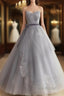 Gray Tulle Lace Long Formal Prom Dresses Sweet 16 Dresses A Line Off Shoulder December Wedding Guest Dresses