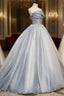 Gray Tulle Long A-Line Formal Prom Dresses, Gray Strapless Formal Evening Gown