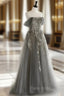 Gray Tulle Off the Shoulder Appliques Formal Prom Dresses