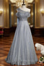 Gray Tulle Scoop Pearls Pleats Formal Prom Dresses