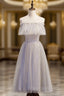 Gray Tulle Scoop Sequins Tea Length Formal Prom Dresses