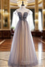 Gray Tulle Scoop Sleeve Beading Sequins Formal Prom Dresses