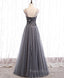 Gray Tulle Sequin Long Formal Prom Dresses, Gray Tulle Formal Dresses with Beading Sequin