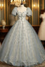 Gray Tulle Sequins Beading Puff Sleeve Quinceanera Dresses