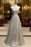 Gray Tulle Sequins High Neck Cap Sleeve Formal Prom Dresses