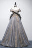 Gray Tulle Sequins Long Prom Dress, Off Shoulder Evening Dress