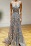 Gray Tulle Sequins Long Formal Prom Dresses, A-Line Spaghetti Straps Formal Dresses