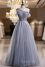 Gray Tulle Sequins Scoop Pearls Formal Prom Dresses