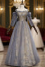 Gray Tulle Sequins Spaghetti Straps Long Sleeve Formal Prom Dresses