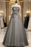 Gray Tulle Sequins Strapless Pleats Beading Formal Prom Dresses