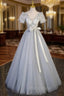 Gray Tulle Short Sleeve V-neck Appliques Formal Prom Dresses