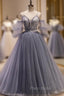 Gray Tulle Spaghetti Straps Button Formal Prom Dresses