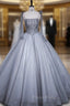 Gray Tulle Spaghetti Straps Pearls Quinceanera Dresses