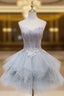 Gray Tulle Strapless Feather Appliques Homecoming Dresses