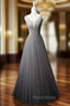 Gray Tulle V-neck Beading Formal Prom Dresses
