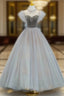 Gray Tulle Velvet Beading Formal Prom Dresses