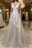 Gray v neck tulle lace long Formal Prom dress, gray tulle evening dress