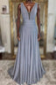 Gray v neck tulle sequin long Formal Prom dress, gray evening dress