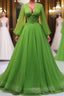 Green A Line Long Formal Prom Dresses, V Neck Green Tulle Long Formal Evening Dresses