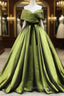Green A line Satin Long Formal Prom Dresses, Green Satin Formal Evening Dresses