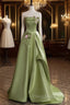 Green A-line Satin with Flowers Long Evening Dresses, Green Satin Formal Prom Dresses