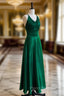 Green A-line Soft Satin Cross Back Evening Dresses, Green Formal Prom Dresses Party Dresses