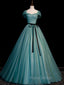 Green A line Tulle Sequin Long Formal Prom Dresses, Green Tulle Graduation Dresses