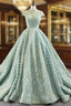 Green Ball Gown Sequins Cap Sleeve Backless Luxury Formal Prom Dresses