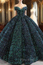 Green Ball Gown Sequins Off the Shoulder Luxury Formal Prom Dresses
