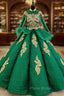Green Ball Gown Tulle High Neck Long Sleeve Beading Crystal Wedding Dresses