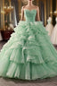 Green Ball Gown Tulle Strapless Tiers Formal Prom Dresses