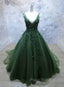 Green Beaded and Lace V-neckline Low Back Long Party Dresses, Green Evening Dresses Party Dresses