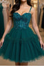 Green Beaded Lace Short Formal Prom Dress with Straps, Short Green Lace Formal Graduation Homecoming Dress with Beading