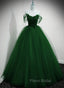 Green Beaded Tulle Off Shoulder Long Party Dresses, Green Tulle A-line Formal Prom Dresses
