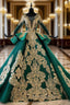 Green Bll Gown Satin Gold Appliques Long Sleeve Backless Wedding Dresses