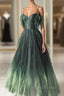 Green Gradient Tulle A-Line Long Formal Dresses, Green Beaded Straps Party Dresses Formal Prom Dresses