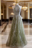 Green Halter Sequins Beading Formal Prom Dresses