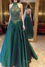 Green High Neck Long Formal Prom Dresses, Green Evening Dresses