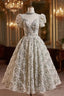 Green High Neck Puff Sleeve Beading Formal Prom Dresses