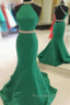 Green Mermaid Halter Formal Prom Dresses Satin Open Back