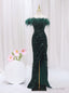 Green Mermaid Sequins One Shoulder Feather Prom Dress