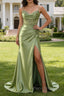 Green Mermaid Spaghetti Straps Pleated Corset Prom Dress