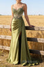Green Mermaid Spaghetti Straps Pleated Long Corset Satin Prom Dress With Slit