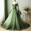 Green Off The Shoulder Wedding Dresses Lace Applique V-Neck Tulle Bridal Gown