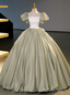 Green Satin Puff Sleeve Bow Quinceanera Dress