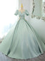 Green Satin Short Sleeve Square Neck Appliques Quinceanera Dress