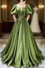Green Satin Short Sleeves Long Formal Party Dresses, Green Formal Party Dresses