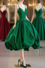 Green Satin Tea-Length Straps Formal Prom Dresses, Spaghetti Straps Homecoming Gown